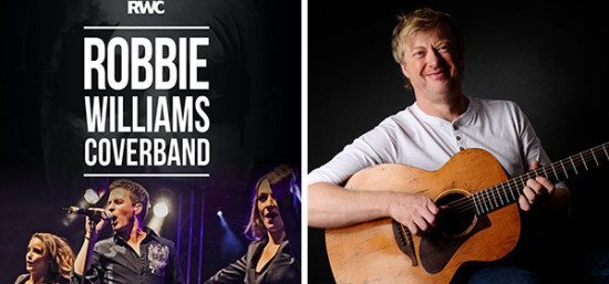 Die neunköpfige Robbie-Williams-Coverband und Paddy Schmidt, der Frontmann der Band „Paddy goes to Holyhead“.