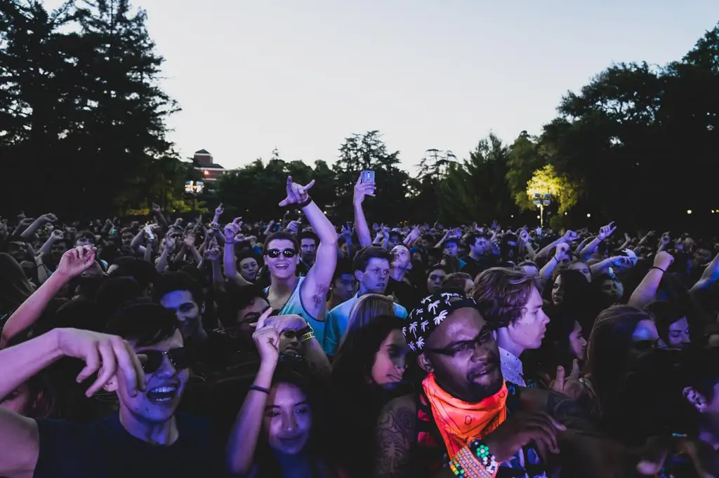 Eine feiernde Menschenmasse bei einer Open-Air-Veranstaltung im Sonnenuntergang Aktuelle Veranstaltungen heute, morgen und am Wochenende: egal ob Party, Festival, Openair, oder Konzert | (c) Brandon Bolender auf Pixabay