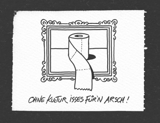 Ohne Kultur isses für´n Arsch, Kulturbahnhof, Klopapier zur Kulturrettung, Klopapier, KulturBahnhof Kassel Die Perfekte Erinnerung an die Solidarität in der Kunst- und Kultur-Szene Kassel und irgendwann sicher ein schmückendes Symbol für die überstandene Krise. Kunstdruck „Ohne Kultur isses für´n Arsch“ von Gerhard Glück | Tinte, gestempelt auf Zellstoff | 95 x 115 mm | Limitiert auf 3.643 Stück