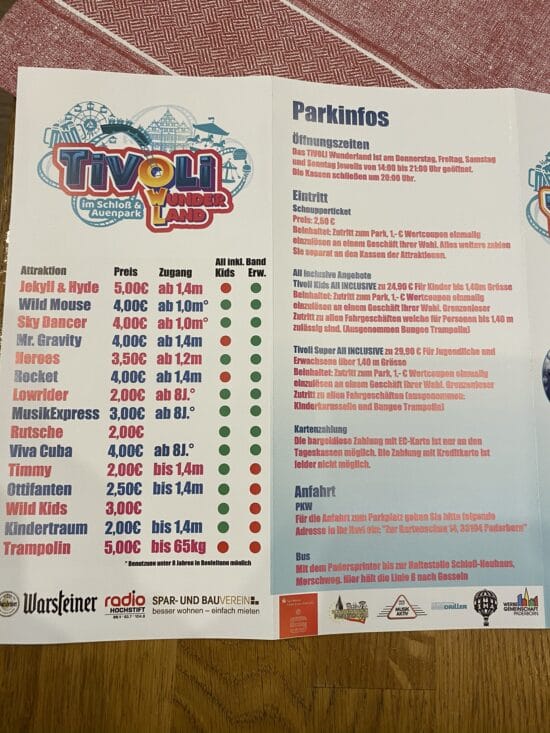 Die Preisliste des Tivoli!
