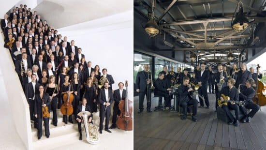 hr-Sinfonieorchester, McNeely, Igor Levit, Constantinos Carydis, Livestream, Konzert, hr-Bigband © HR/Ben Knabe/Dirk Ostermeier - honorarfrei, Verwendung nur im Zusammenhang mit einem redaktionellen Beitrag über Sendungen oder Aktivitäten des Hessischen Rundfunks, seiner Personen oder seiner Einrichtungen bei Nennung "Bild: HR/Ben Knabe/Dirk Ostermeier". Andere Verwendung nur nach Absprache. HR/Pressestelle 069/155 -4954, Fax -3005. Bild: Das hr-Sinfonieorcherster (li.) und die hr-Bigband mit ihrem Chefdirigent Jim McNeely (Mitte, stehend).