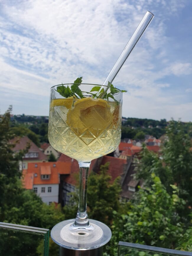 Mit dem Virenputzer lässt sich die Aussicht auf Warburg direkt besser genießen. | (c) Gasthaus Zur Alm