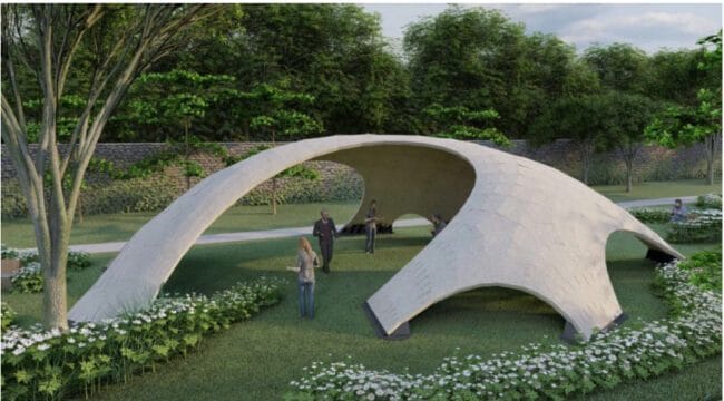 Interdisziplinärer Wettbewerb Auf dem 1. Platz: Der luftige Pavilllon aus Mushroom-Bricks (Ziegel aus Pilzen) beim Interdisziplinären Wettbewerb für die Landesgartenschau 2023 | (c) Technische Hochschule OWL