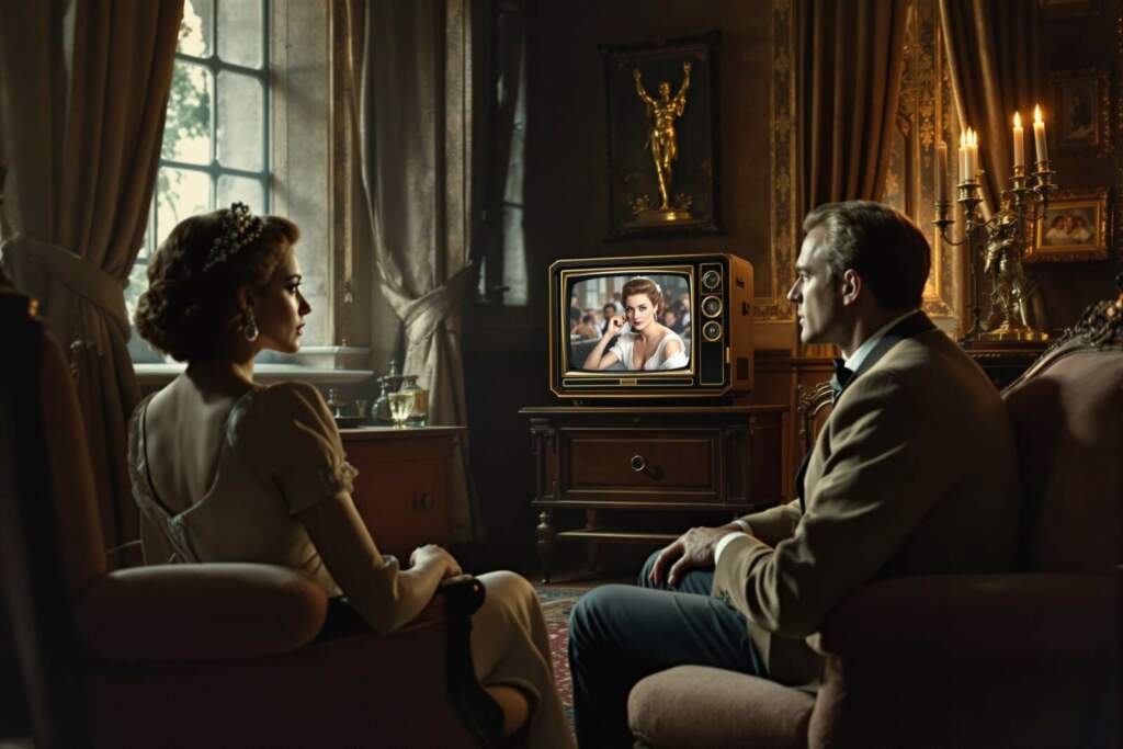Elegantes Paar im Vintage-Ambiente sieht historische Szene im Retro-Fernseher. Manchmal, aber nur manchmal, können selbst die schönsten Weihnachtsfilme die Stimmung am Weihnachten nicht mehr retten. Vielleicht kann es dann eher helfen wenn man dann einfach nur raus geht. Wir hätten hier ein paar Tipps. | Symbolfoto - KI-generiert - (c) Wildwechsel