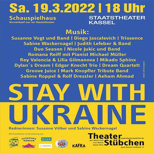 Charity, Ukraine, Konzert, Theaterstübchen Kassel Hier bekommst Du einen Überblick über alle Acts, die bei dem Benefizkonzert für die Ukraine auftreten. Durch Einnahmen vor Ort und digital wollen die Mitwirkenden Gelder für die Kriegsopfer sammeln. | (c) Theaterstübchen Kassel