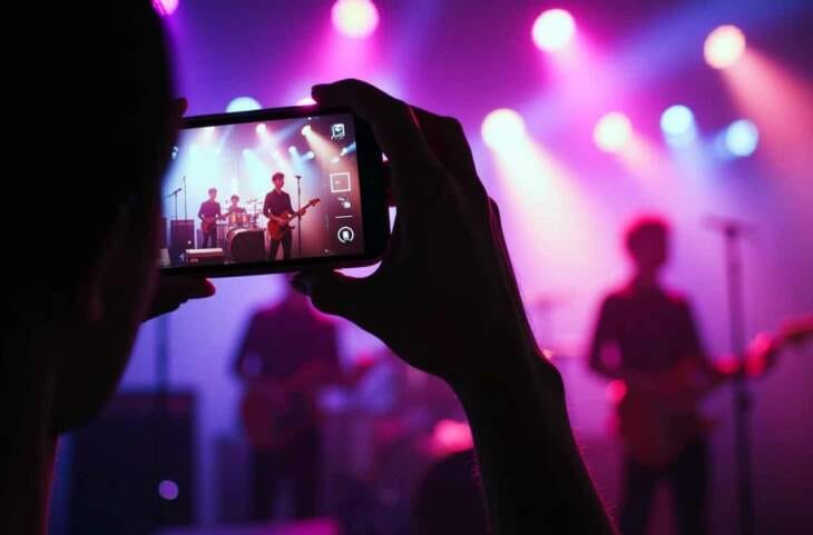 Ein Mann ist auf einem Konzert und man kann sehen, das sie den Auftritt mit ihrem Handy filmt, Ausgehen in Kassel, Ausgehtipps für heute in Kassel, Veranstaltungen in Kassel, Events in Kassel, Konzerte in Kassel, Festivals in Kassel, Musicals in Kassel, Partys in Kassel, Stadtfeste in Kassel, Theater in Kassel, Sportveranstaltungen in Kassel, Ausstellungen in Kassel, Messen in Kassel, Flohmärkte in Kassel Events in Kassel - Ausgehtipps für heute in Kassel: jede Menge Veranstaltungen, Events, Konzerte, Festivals, Musicals, Partys, Stadtfeste, Theater, Sportveranstaltungen, Ausstellungen, Messen, Flohmärkte und mehr in Kassel. | KI generiert | (c) Wildwechsel
