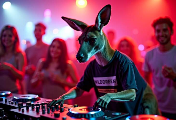 Kreatives Bild eines DJ-Kängurus, das auf einer Party die Turntables bedient – farbenfrohe, energiegeladene Clubszene mit feiernden Menschen im Hintergrund, Symbolbild für Partys in Paderborn. Partys in Paderborn - heute, morgen, am Wochenende | DJ - Symbol-Foto | KI-generiert | (c) Wildwechsel
