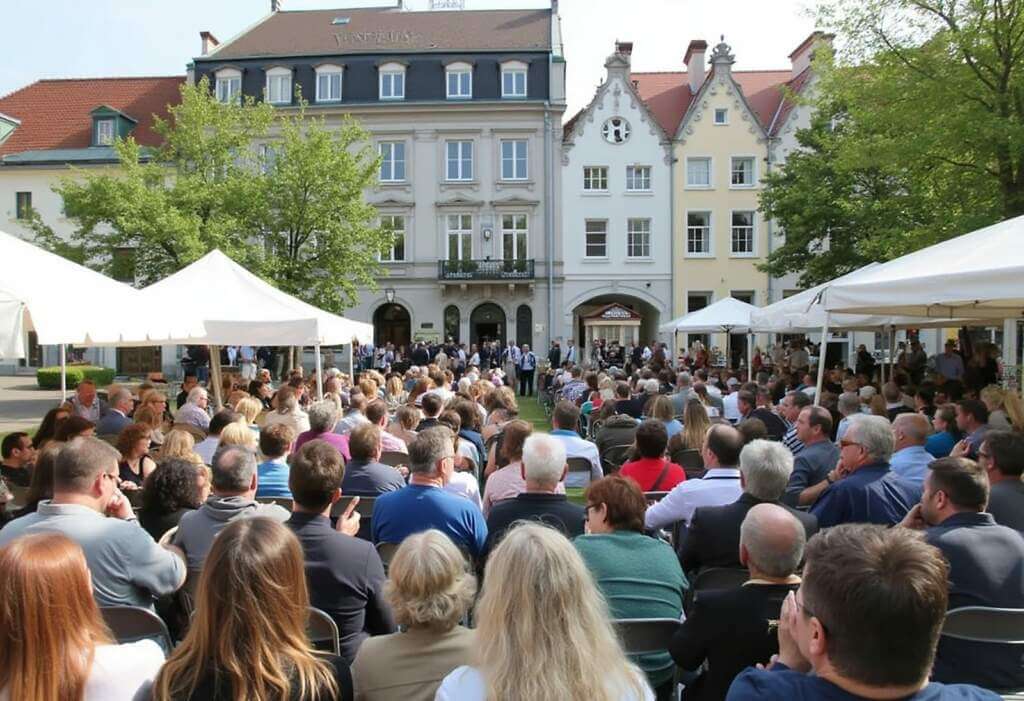 ublikum bei einer Veranstaltung in der Korbacher Innenstadt – Events in Korbach kostenlos bewerben, Stadtfeste, Konzerte, kostenlose Werbung, Open-Air-Event. So kannst Du Events in Korbach kostenlos bewerben und ankündigen | Blasmusik Konzert in der Innenstadt | Symbolfoto - KI generiert | (c) Wildwechsel