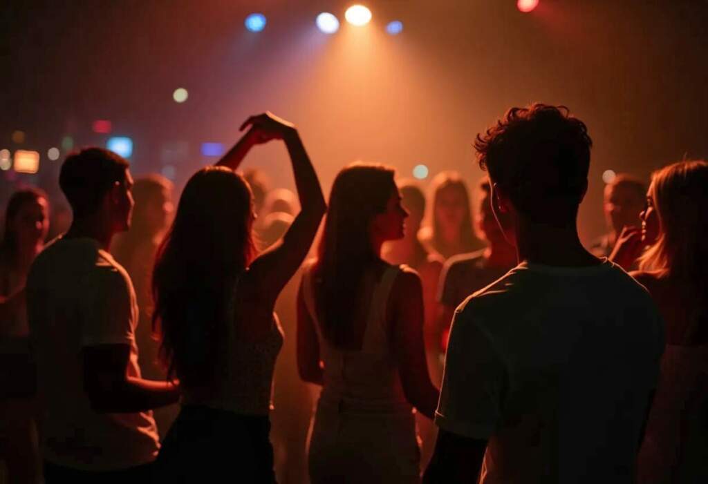 Gruppe junger Leute tanzt in einem Club bei warmem Licht Was ist los in Paderborn? – Was geht ab in Paderborn! Junge Menschen tanzen im Club bei stimmungsvoller Beleuchtung – ein perfekter Abend in Paderborn! Finde du auch tolle Events, Konzerte und Partys in Paderborn. | Archiv-Foto | KI-generiert | (c) Wildwechsel