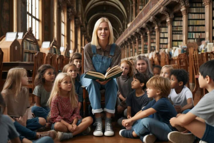 A photographed scene showing a 30-year-old blonde woman dressed in modern casual clothing including jeans, sitting cross-legged in a historic library