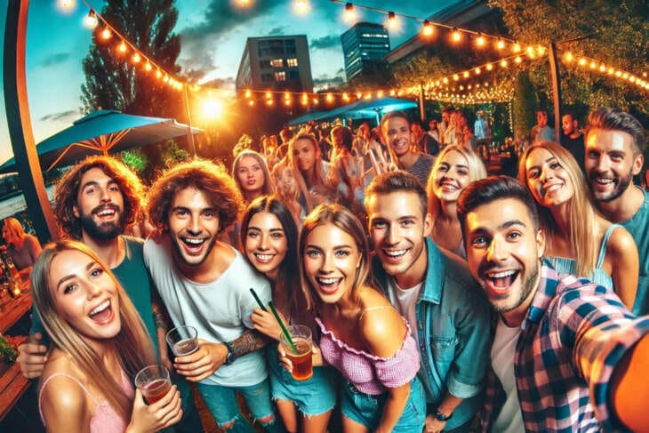 Fröhliche Partygruppe bei einer sommerlichen Outdoor-Veranstaltung unter Lichterketten - lächelnde junge Erwachsene genießen die Atmosphäre bei Sonnenuntergang. Ausgehen in Höxter? Ausgehtipps für heute in Höxter: jede Menge Events, Konzerte, Kultur, Festivals, Musicals, Partys, Stadtfeste, Theater, Sportveranstaltungen, Ausstellungen, Messen, Flohmärkte und mehr Veranstaltungen in Höxter | Archivfoto - KI-generiert | (c) Wildwechsel