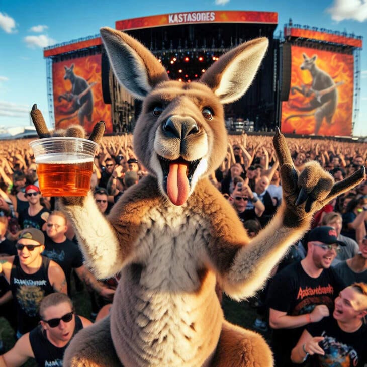 Känguru mit Bierbecher feiert vor Festivalbühne, Konzert, Festival, Open-Air Käng Guru geht ab auf'm Festival | (c) Wildwechsel.de