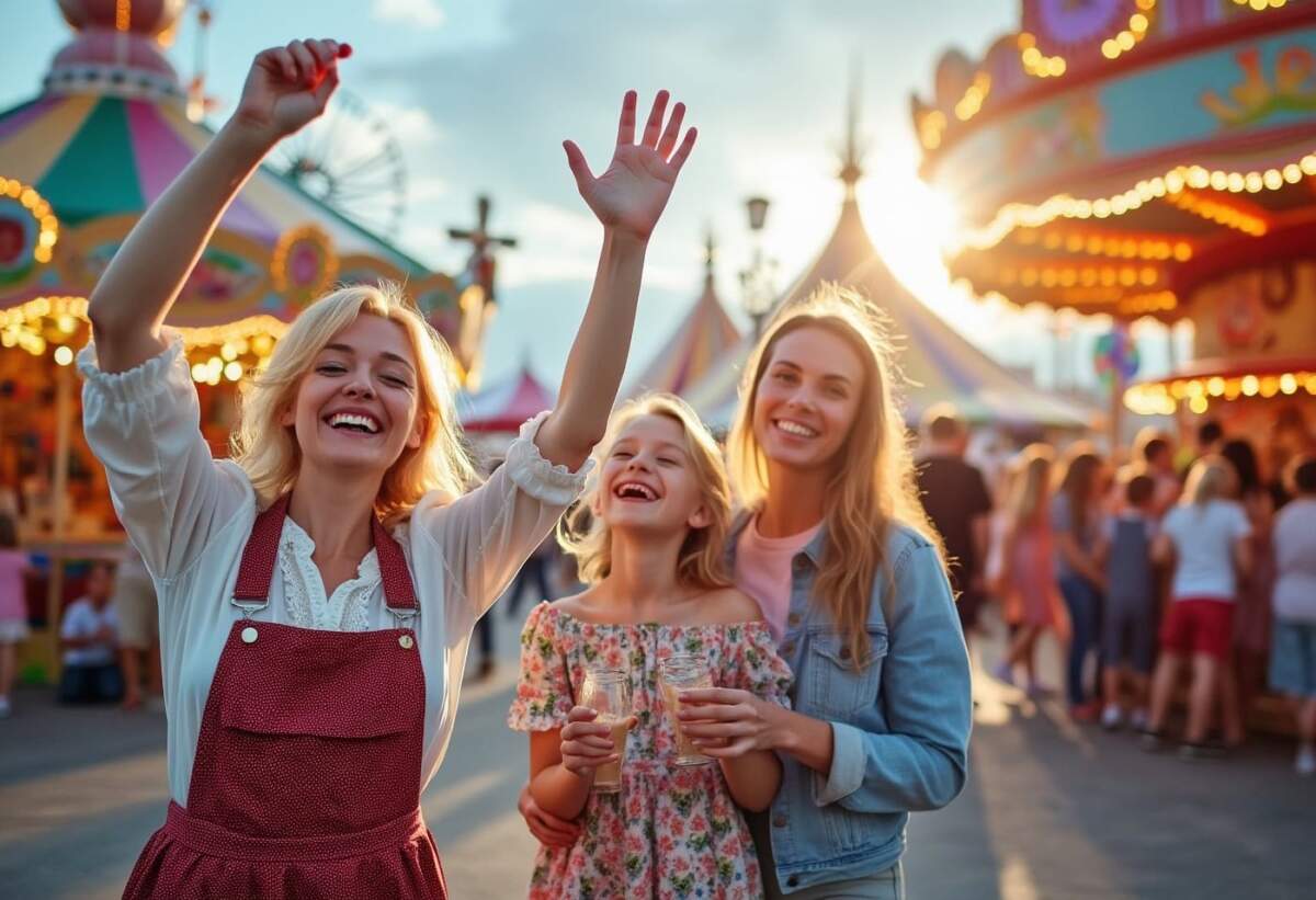 Fröhliche Frauen, erwachsen und jung, auf einem Stadtfest mit Karussells und bunten Lichtern bei Sonnenuntergang Du suchst Volksfeste oder Stadtfeste in Deiner Nähe? Dann scroll einfach weiter, die Auswahl wird Dich begeistern! | Symbolbild - KI-generiert | (c) Wildwechsel