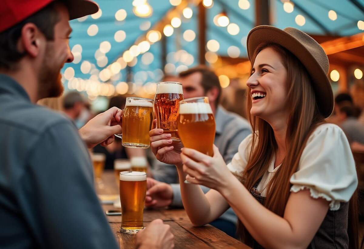 Fröhliche Freunde stoßen mit Bier auf einem Stadtfest oder einem Volksfest im Festzelt an Bier, heute auch alkoholfreies Bier, ist ein fester Bestandteil wohl aller Volksfeste oder Stadtfeste in Hessen & OWL | Symbolbild - KI-generiert | (c) Wildwechsel