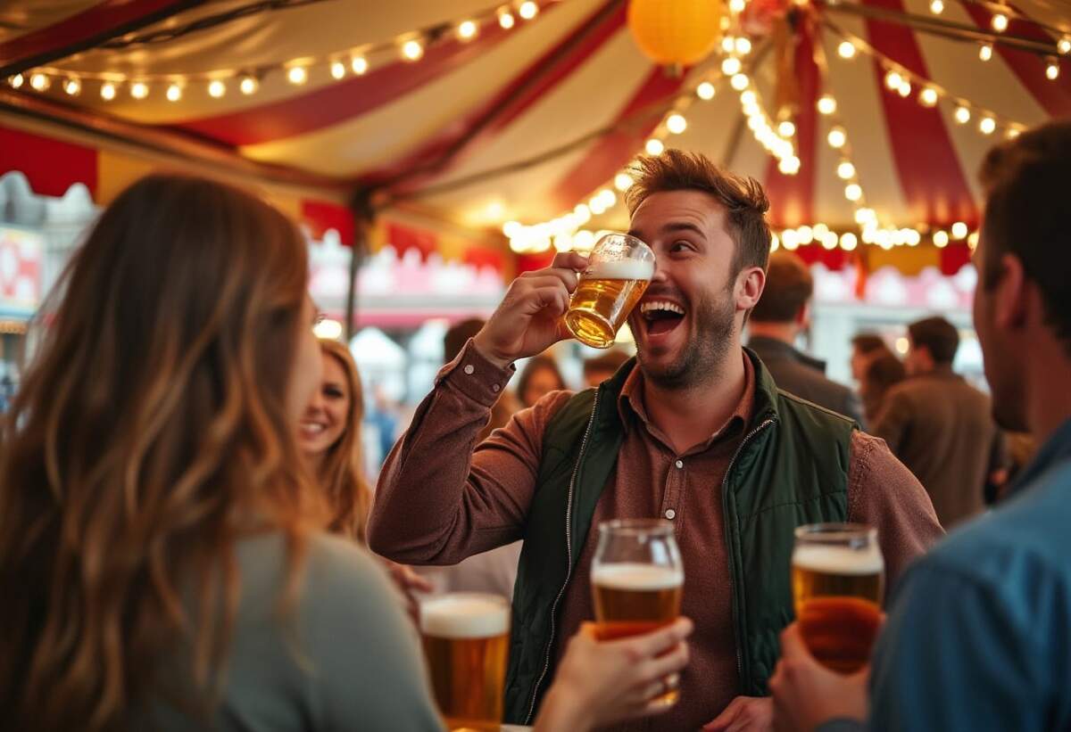 Freunde feiern mit Bier unter einem festlich beleuchteten Festzelt auf einem Volksfest Kirmes macht Spaß! Hier findest Du immer eine aktuelle Auswahl der nächsten Kirmes-Veranstaltungen in der Region | Symbolbild - KI-generiert | (c) Wildwechsel