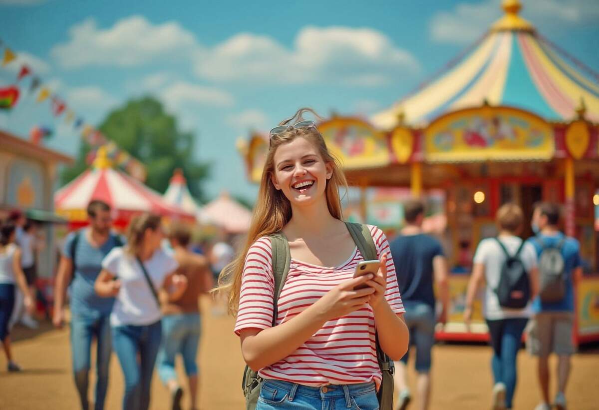 Junge lachende Frau genießt einen sonnigen Tag auf einem belebten Stadtfest mit Karussells im Hintergrund Neben Event-Tipps zum Thema Stadtfeste, Volksfeste und Kirmes-Veranstaltungen finden sich auf Wildwechsel.de auch immer wieder informative Beiträge zum dem hema Stadtfeste, Volksfeste und Kirmes-Veranstaltungen | Symbolbild - KI-generiert | (c) Wildwechsel