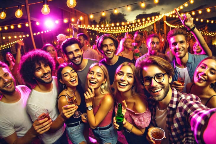 Lebendige Nachtparty mit einer Gruppe junger Erwachsener, die unter farbenfroher Beleuchtung und Lichterketten feiern - lachende Gesichter und fröhliche Stimmung im Mittelpunkt. Veranstaltungen in Korbach - Was ist los in Korbach? - Ausgehtipps für heute in Korbach: jede Menge Events, Konzerte, Kultur, Festivals, Musicals, Partys, Stadtfeste, Theater, Sportveranstaltungen, Ausstellungen, Messen, Flohmärkte und mehr Veranstaltungen in Korbach | (c) Gabriel Doti auf Pixabay | KI-generiert | (c) Wildwechsel