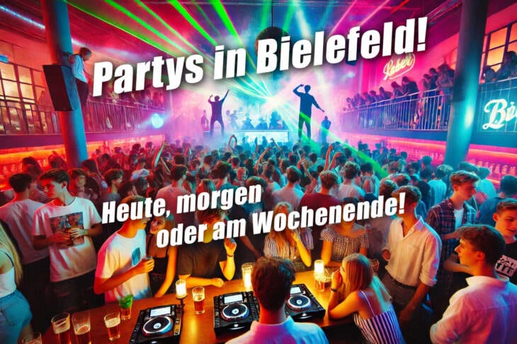 Junge Menschen feiern in einem vollen Club in Bielefeld mit bunten Lichtern und DJ-Musik, Darüber steht der Text: Partys in Bielefeld - Heute, morgen oder am Wochenende! Finde Deine Party in Bielefeld: Also Partys heute, morgen und am Wochenende in Bielefeld! | KI-generiertes Archivfoto | (c) Wildwechsel