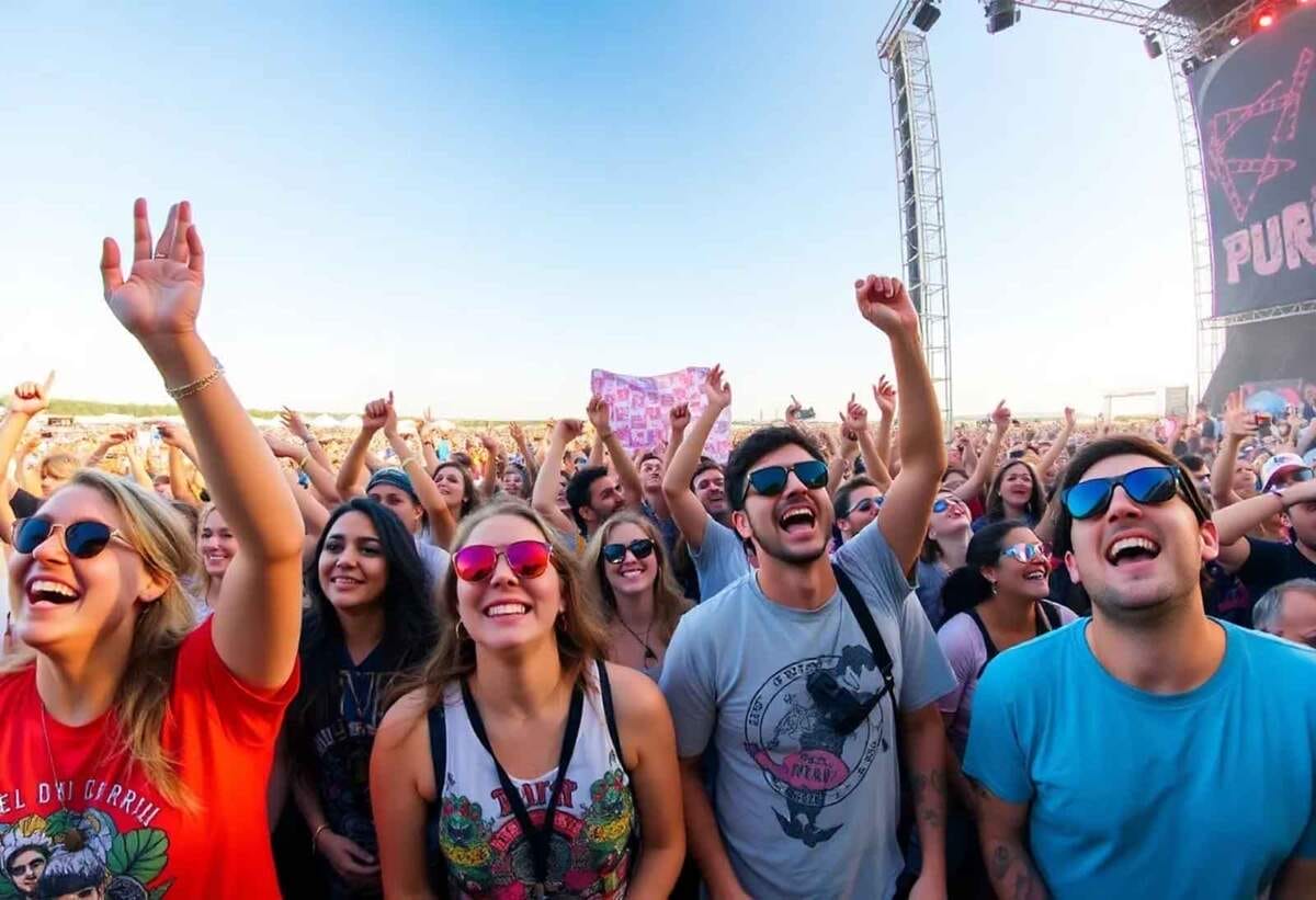 Jubelnde Festivalbesucher genießen Open-Air-Konzert bei Sonnenschein Die besten Festivals & Open Airs in Deiner Nähe - Archivfoto - KI generiert | (c) Wildwechsel