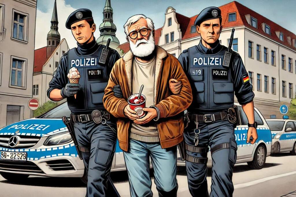 Älterer Mann mit grauem Bart wird nach einem Einbruch in ein Eiscafé von zwei Polizisten abgeführt, während er genüsslich Eis isst - ungewöhnliche Festnahme, Eiscafé Einbruch, Polizeieinsatz, Festnahme, kurioser Vorfall Ein Mann wird von der Polizei gefasst wegen Einbruch in einem Eiscafé | Comic | Format 3 zu 2 | Archivbild | KI generiert | (c) Wildwechsel