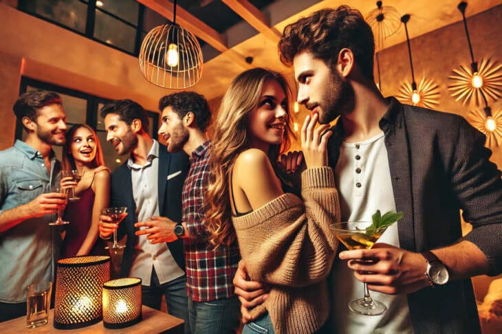Junge Leute flirten intensiv auf einer Party Flirten auf einer Party | Archivfoto | KI generiert von Chat GPT DALL E | (c) Wildwechsel