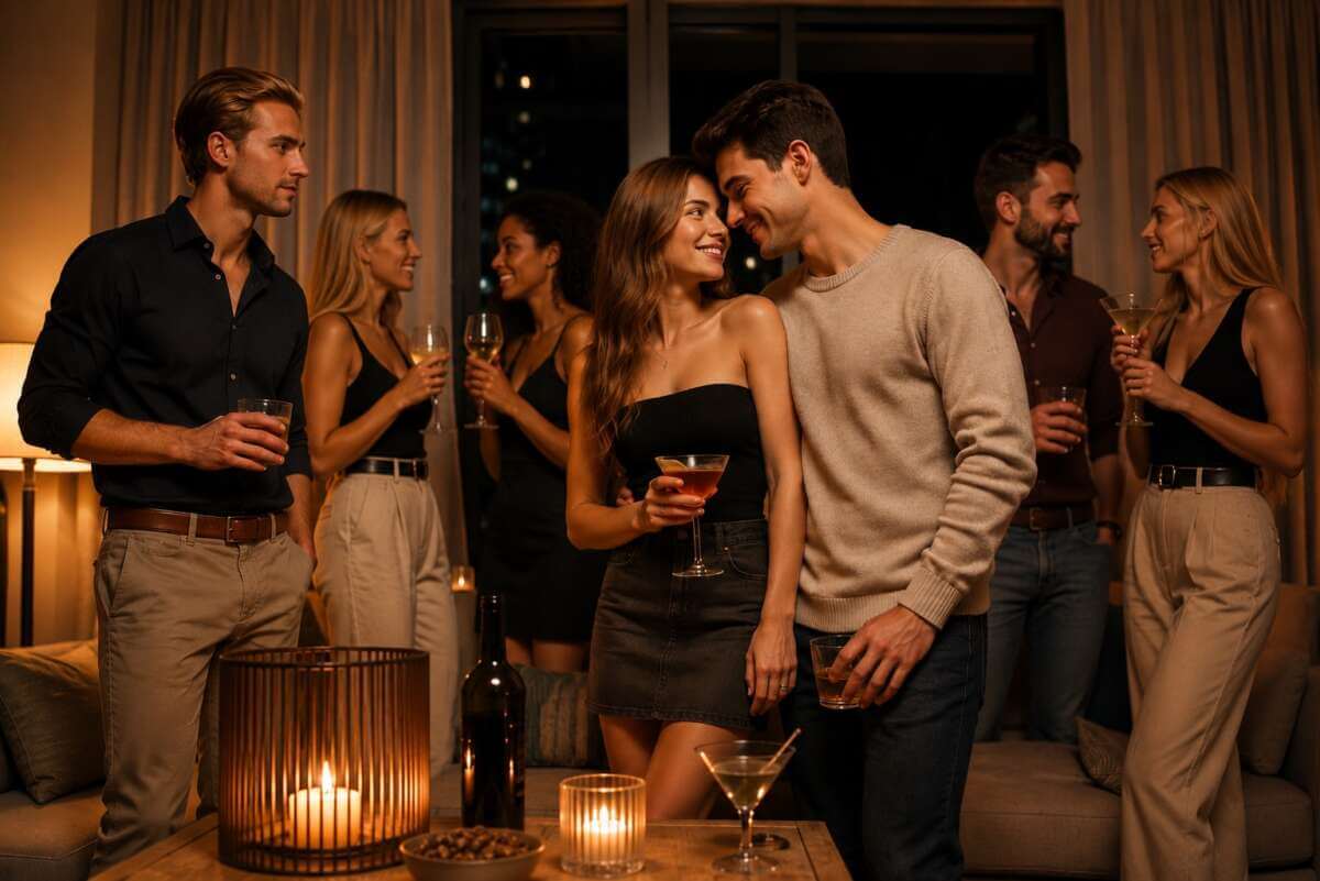 Eine Gruppe junger Erwachsener verbringt den Abend bei Drinks und gedimmtem Licht in einer eleganten Wohnung. In der Mitte steht ein Paar eng beieinander und schaut sich lächelnd an, während andere Gäste im Raum Gespräche führen. Kerzen und Cocktails sorgen für eine ruhige, intime Partyatmosphäre. Flirten auf einer stilvollen Abendparty mit Drinks und gedimmtem Licht. | (c) Wildwechsel | KI-Foto