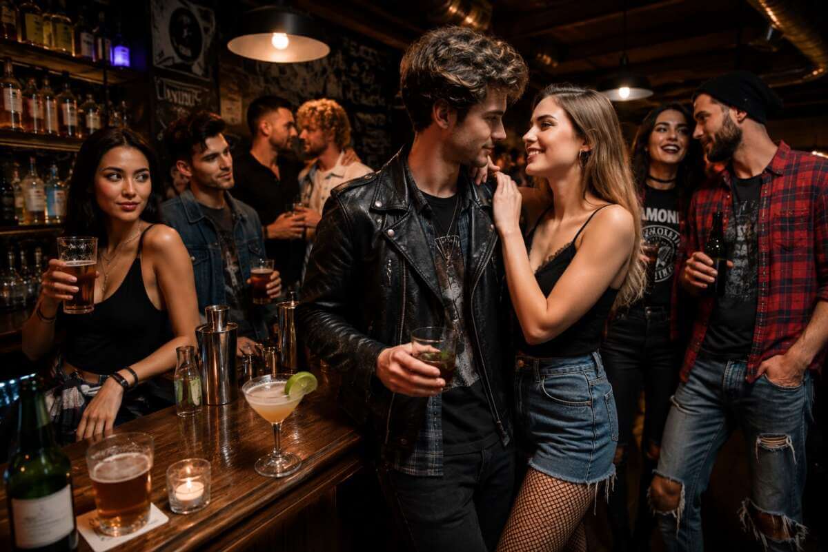 In einer warm beleuchteten Bar stehen mehrere junge Erwachsene mit Cocktails und Bier zusammen. Im Mittelpunkt flirtet ein Paar nah an der Theke, während andere Gäste im Hintergrund lachen und sich unterhalten. Die Szene vermittelt lockere Club- und Partyatmosphäre passend zum Thema Flirten beim Ausgehen. Flirten auf einer Party in einer Bar mit Drinks und lockerer Club-Atmosphäre. | (c) Wildwechsel KI-Foto