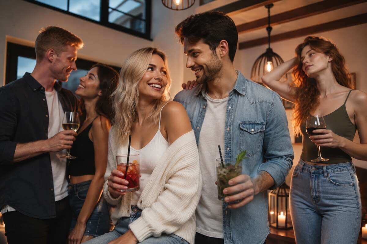 In einer modern eingerichteten Wohnung feiern mehrere junge Menschen gemeinsam. Im Vordergrund sitzen und stehen zwei Personen mit Drinks, die sich lächelnd ansehen. Im Hintergrund entstehen weitere Gespräche und Flirts. Die Szene wirkt locker, freundlich und kommunikativ. Locker flirten und neue Leute kennenlernen auf einer entspannten Party. | (c) Wildwechsel KI-Foto