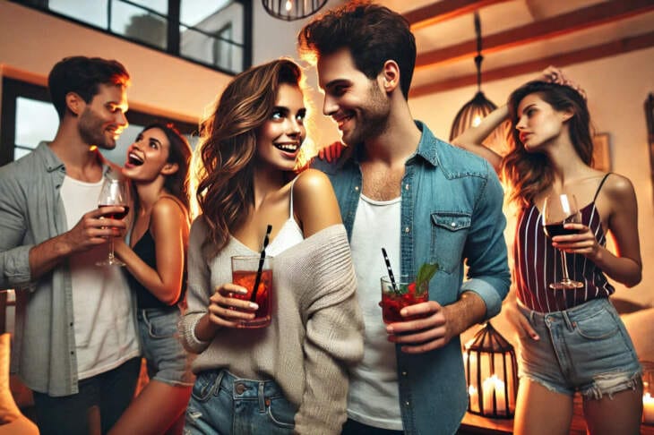 Alternativ, lässig gekleidete Studenten oder junge Leute flirten auf einer privaten Party! Flirten auf einer Party | Archivfoto | KI generiert von Chat GPT DALL E (c) Wildwechsel
