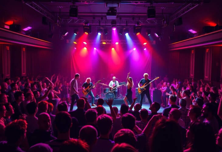 Live-Band auf einer bunt beleuchteten Bühne, umgeben von einem tanzenden und applaudierenden Publikum in einem Konzertsaal. Konzerte in Göttingen! - Event-Tipps für Konzerte, Festivals und Open-Airs in der Uni-Stadt! | Archiv-Foto - KI-generiert | (c) Wildwechsel