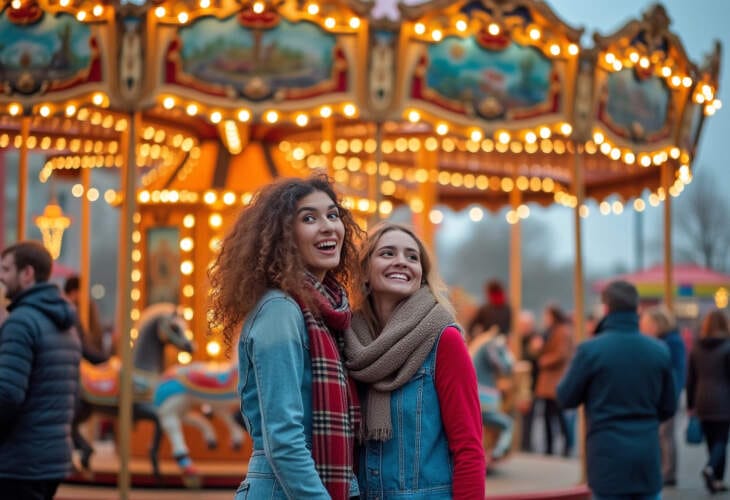 Zwei Freundinnen genießen das Herbstfest vor einem beleuchteten Karussell Der Paderborner Herbstlibori ist jährlich die beliebteste Feier in der dunkler werdenden Jahreszeit der gesamten Region. | Symbolbild - KI-generiert | (c) Wildwechsel