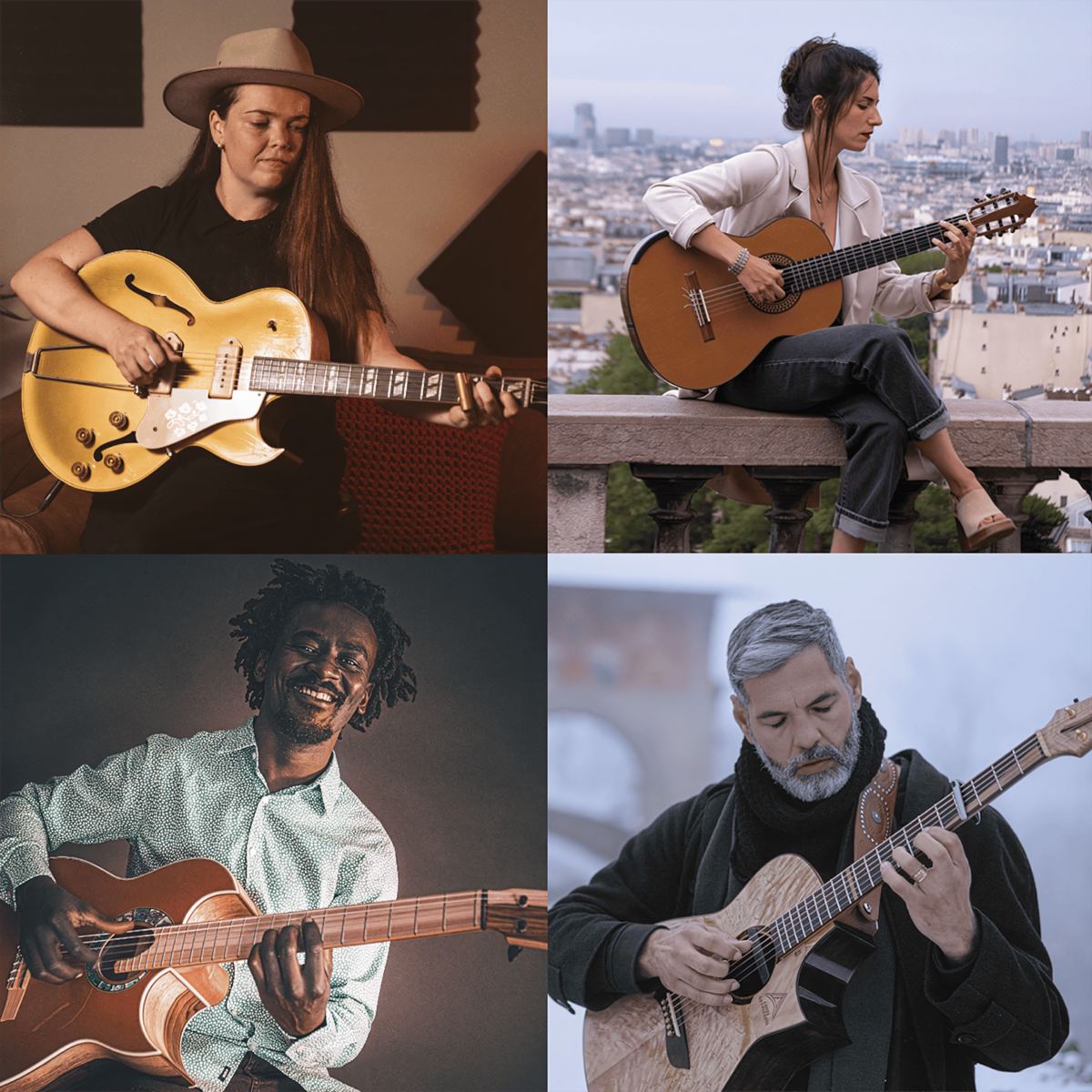 Die vier Künstler der Nacht der Gitarren 2026 mit ihren Gitarren