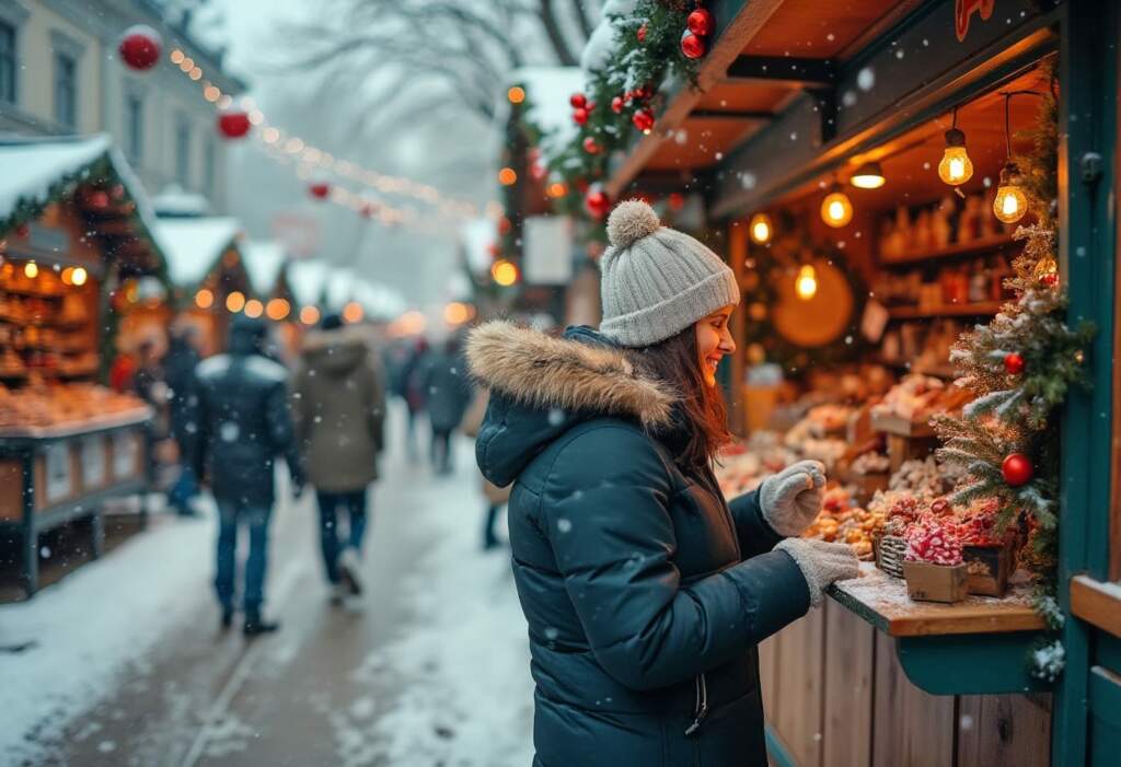 Frau stöbert auf verschneitem Weihnachtsmarkt an einem Stand und entdeckt winterliche Köstlichkeiten an einem Stand Weihnachtsmärkte bringe gute Laune und Wärme in die kalte Jahrezeit. Hier findest du eine große Auswahl davon | Symbolbild - KI-generiert | (c) Wildwechsel