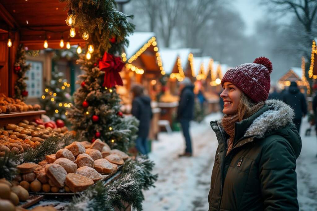 Lachende Frau genießt einen verschneiten Weihnachtsmarkt mit festlich dekorierten Ständen und Lichtern Die besten Weihnachtsmärkte in Deiner Nähe findest Du hier! | Symbolbild - KI-generiert | (c) Wildwechsel
