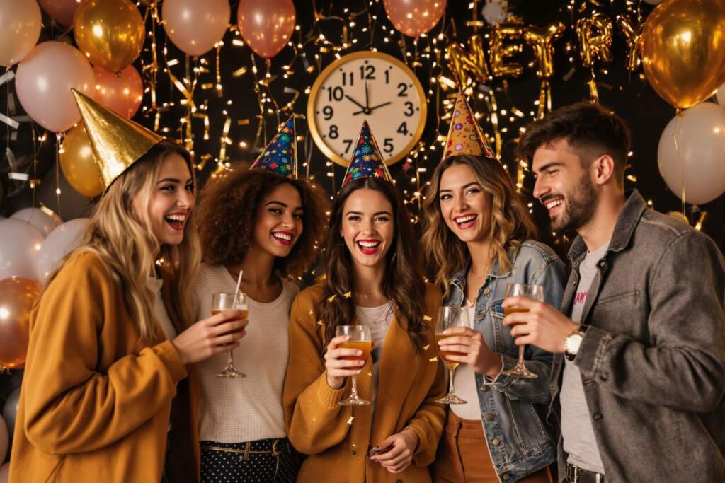 Gruppe feiert Silvester mit Partyhüten und Luftballons, Fröhliche Silvesterparty in Marburg – Gruppe Freunde feiert Silvester mit Hüten und Drinks. Wo ist die beste Silvester Party in Marburg? Nun, das musst DU selber bewerten, aber wir liefern dir hier ein paar hilfreiche Tipps dazu! | KI generiert | (c) Wildwechsel