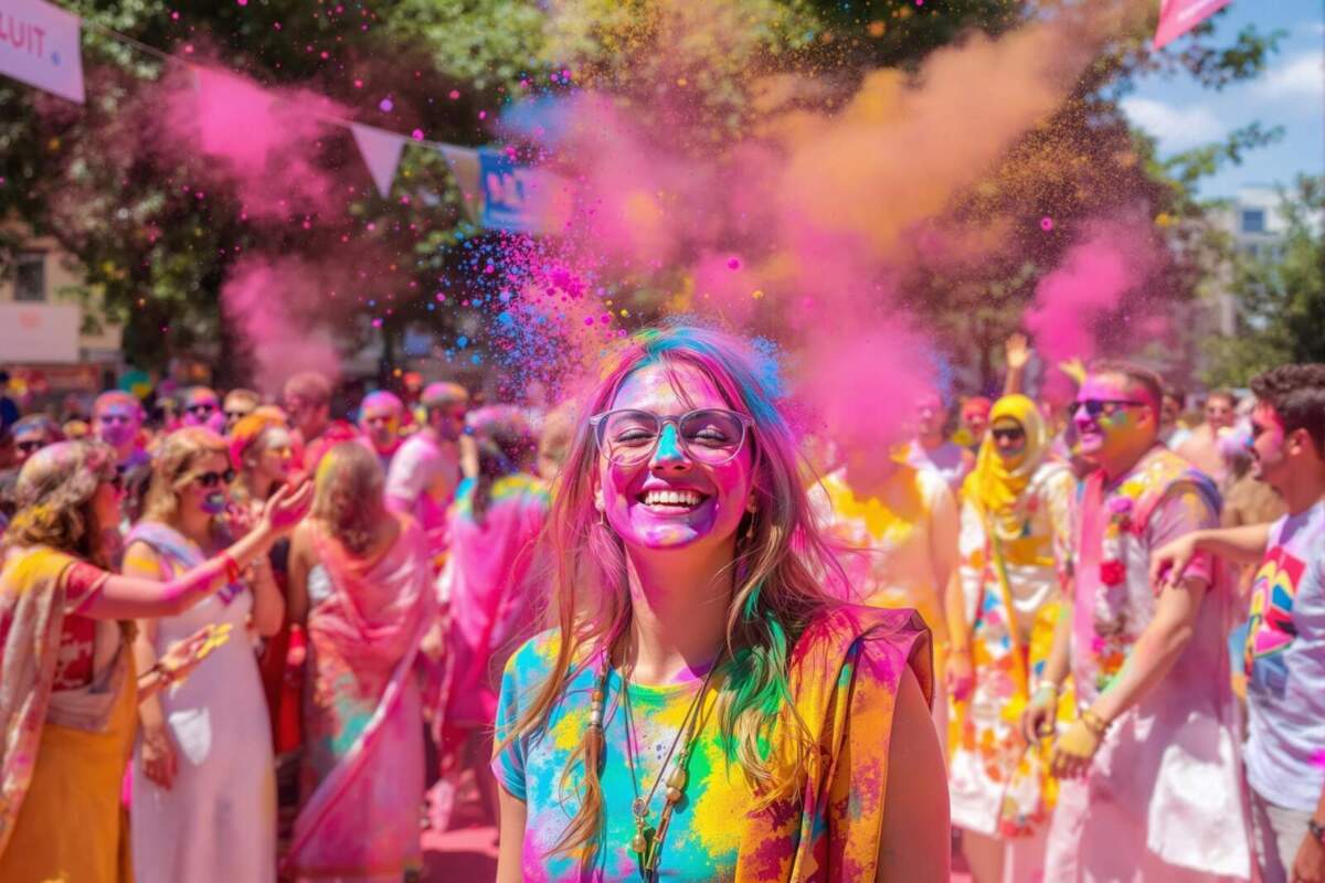 Frau lacht bunt bemalt beim Holi Festival in Menschenmenge Noch sind alle gut drauf! Denn auf einem Holi-Festival herrscht immer Mega-Stimmung! Aber auf so einem Openair ist das Waschen danach oft nicht ganz so einfach. Also dran denken, wenn Du deine Festival-Packliste ausfüllst! | (c) Wildwechsel - KI generiert