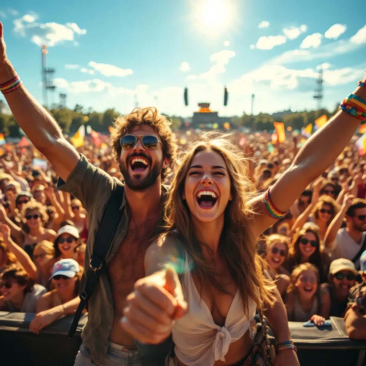 Junge Festivalbesucher feiern begeistert bei sonnigem Open-Air-Konzert Festivals und Open Airs 01 - KI-generiert - (c) Wildwechsel