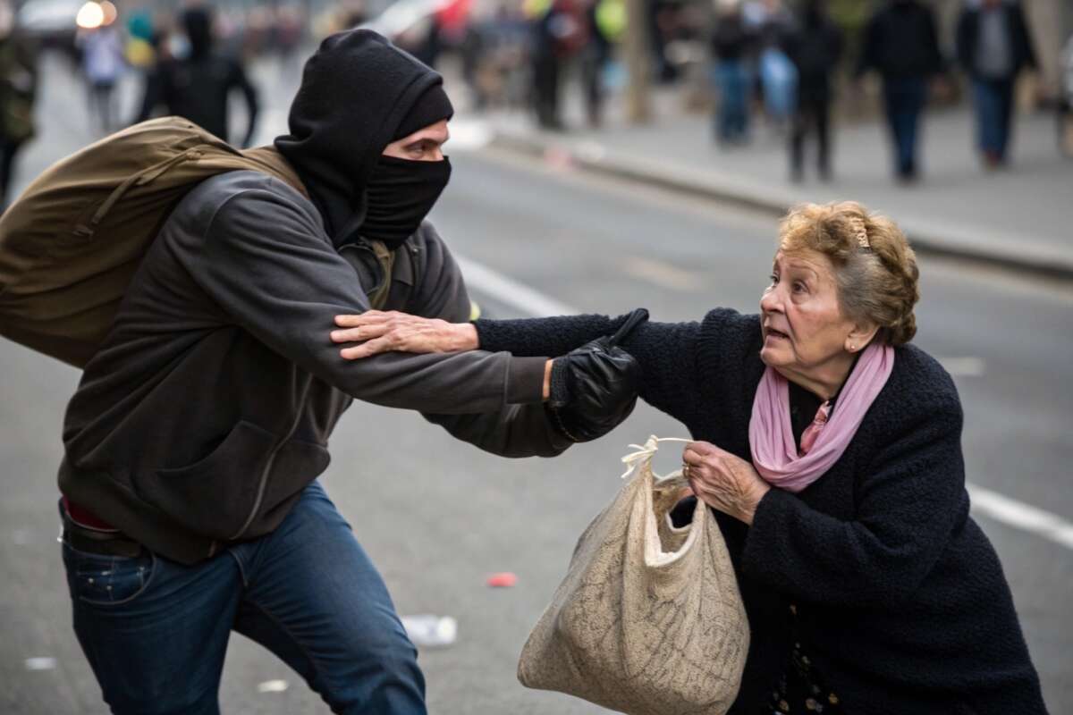 Maskierter Mann raubt älterer Frau auf der Straße die Tasche | Archivfoto | KI generiert | (c) Wildwechsel.de