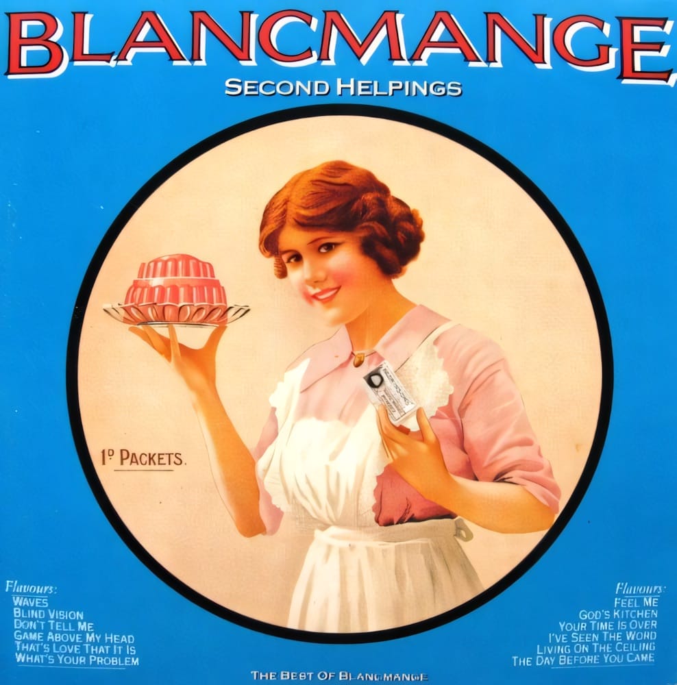 Frau hält roten Wackelpudding auf Albumcover von Blancmange Blancmange - Second helpings - The best of Blancmange | (c)London Records