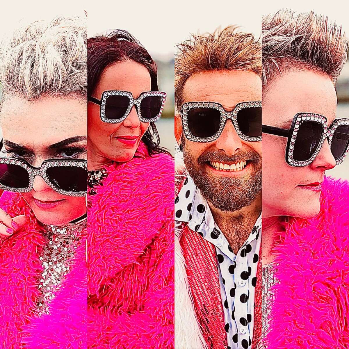 Vier Bandmitglieder in pinkem Outfit mit Glitzerbrillen Reiner Irrsinn Show sind 2025 ein Highlight des Donnerstagabend-Programms des Kram- & Viehmarkt Bad Wildungen | (c) Dirk Schaller