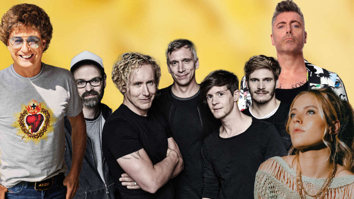 Line-up der Stars für Rietberg Open Air 2025 Atze Schröder, Kasalla, The Robbie Experience und Sophia (v. l. n. r.): Alle Acts des Line-Ups des diesjährigen Rietberg Open Air 2025 vereint. | (c) phono-forum GmbH & Co. KG