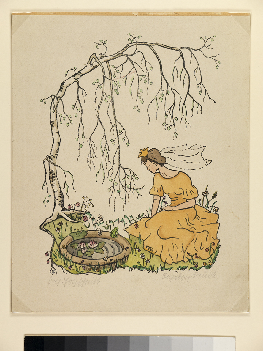 Ältere, verblichene Illustration einer Prinzessin die an einem Brunnen kniet. Märchenstunde | (c) Grimm Sammlung der Stadt Kassel Graph Z