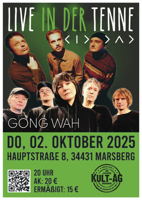 Plakat mit freigestellten Bandfotos von KID DAD und GONG WAH. Ergänzt durch Text: Donnerstag, 02. Oktober 2025, 20 Uhr, 20 €, Live in der Tenne, KULT-AG. Flyer | (c) Kult AG
