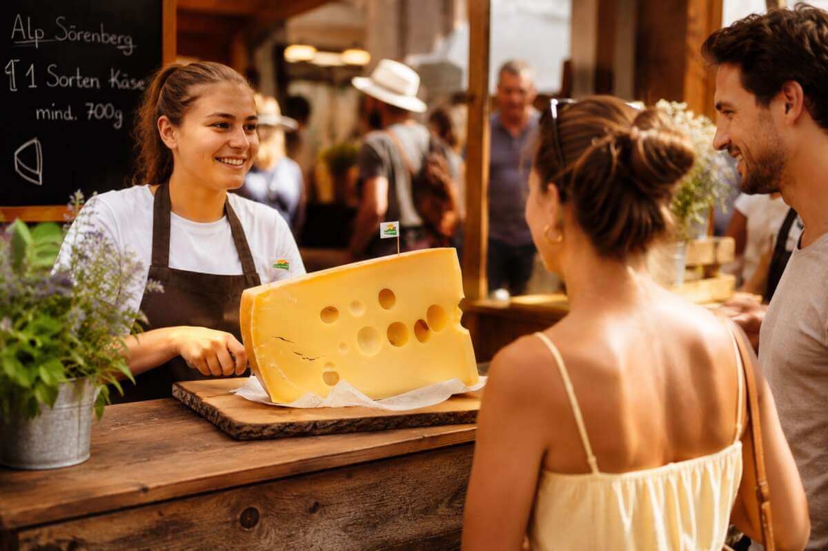 Verkäuferin präsentiert einen großen Käse-Laib an einem Marktstand vor zwei Gästen.