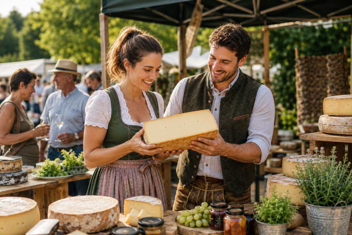 Frau und Mann in traditioneller Kleidung halten gemeinsam einen großen Käse-Laib auf einem Markt. als Symbolbild für den Deutschen Käsemarkt Nieheim