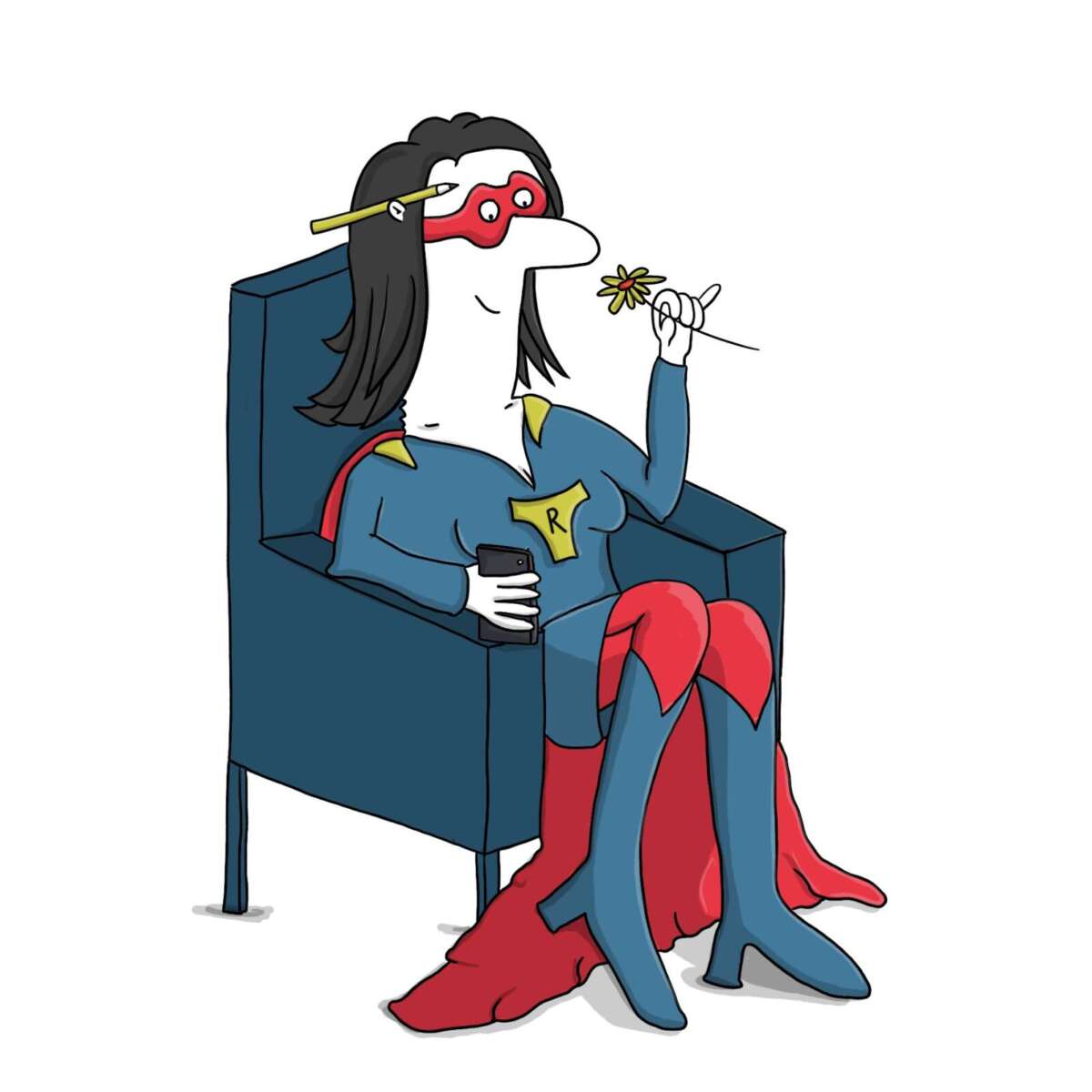 Farbiger Cartoon auf weißem Hintergrund. Eine langhaarige Figur sitzt mit überschlagenen Beinen in einem dunkelblauen Sessel. Sie trägt ein blaues Superheldinnen-Kostüm mit gelbem Brustemblem und dem Buchstaben „R“, dazu eine rote Augenmaske, rote Beinkleider und ein langes rotes Cape. Hinter einem Ohr steckt ein gelber Bleistift. In der linken Hand hält sie ein schwarzes Smartphone, in der erhobenen rechten Hand eine kleine gelb-rote Blume. Ruth Heblers Cartoon „Selbstporträt Super“ mit Superheldinnen-Maske, Cape, Smartphone und Blume
