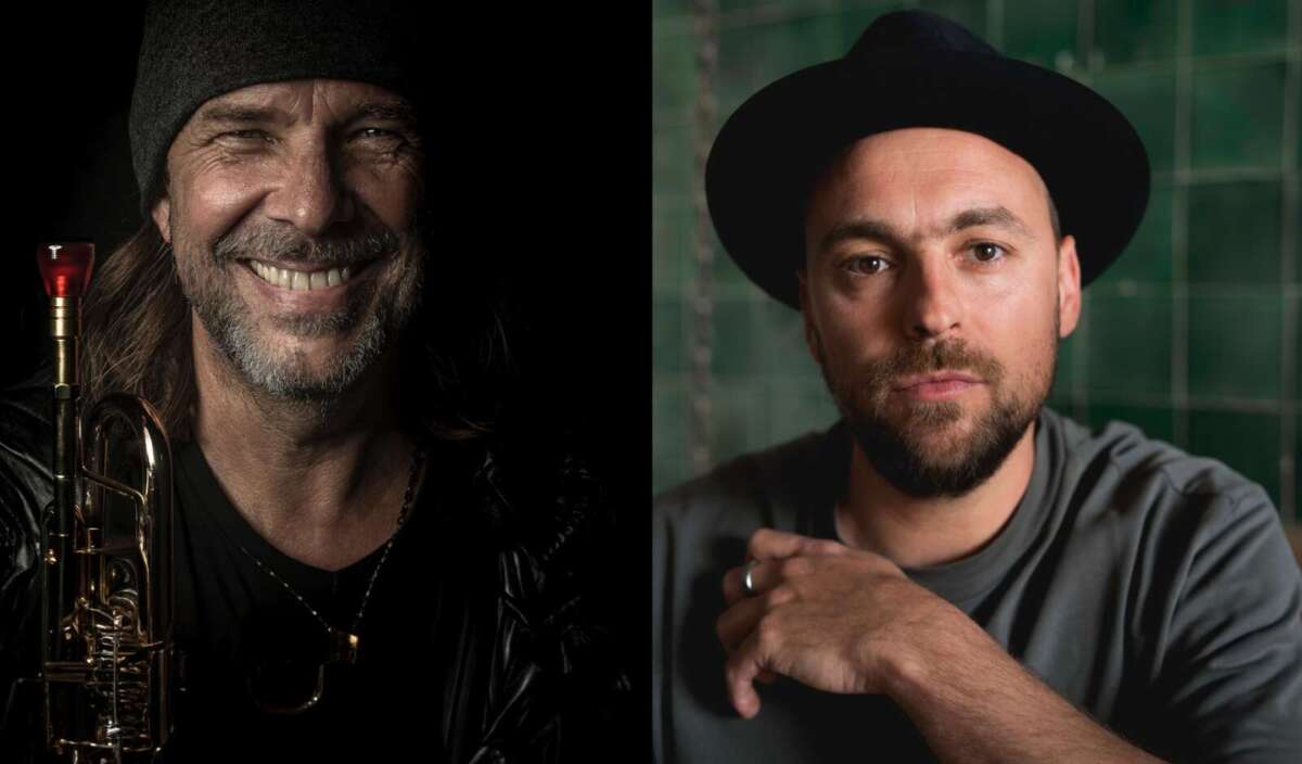 Rüdiger Baldauf feat. Max Mutzke im gemeinsamen Pressebild zum Kasseler Konzert. Die Montage verbindet Baldaufs Trompetenporträt mit einem Porträt von Max Mutzke und greift damit das Zusammenspiel der Trumpet Night auf. Fotos: Simon Engelbert / Nils Müller. Rüdiger Baldauf mit Trompete und Max Mutzke mit schwarzem Hut in einer geteilten Porträtmontage