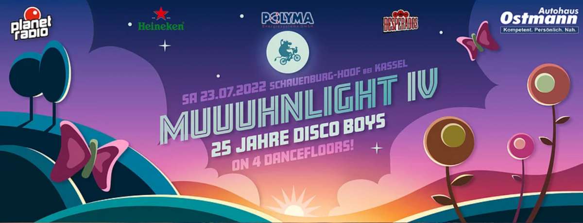 Planet Radio präsentiert: MUUUHnlight IV 25 Jahre The Disco Boys – The Disco Boys, Bebetta, Dominik Eulberg, Felix Kröcher, Kaiserdisco, Gunjah, Küche 80, unsere Kasseler Superhelden Der Schmeisser, Soma Load Live, Chi, Friday, Newman, Norman, Tobivan, Melina Sostman