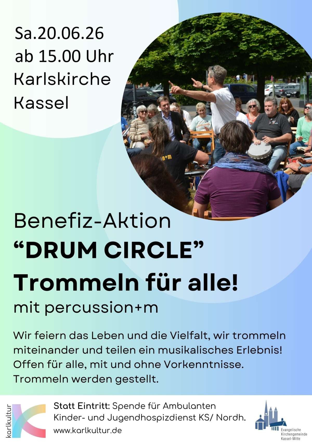Großer Community Drum Circle am 20. Juni 2026 vor der Karlskirche