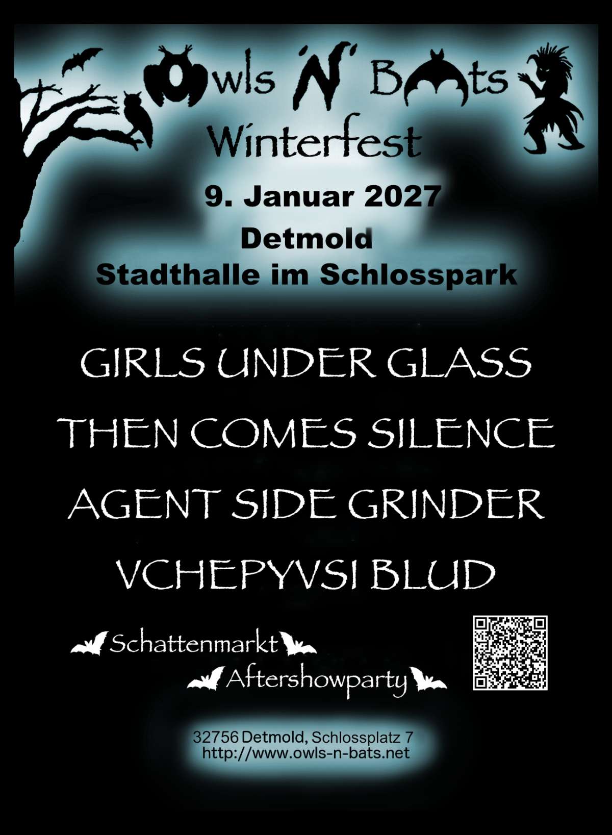 Owls n Bats Winterfest 2027 - Die Eulen und Fledermäuse feiern wieder – Girls under Glass, Then Comes Silence, Agent Side Grinder und Vchepyvsi Blue